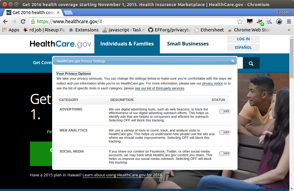 With all privacy settings turned on, Privacy Badger detects zero trackers on the healthcare.gov website. With all privacy settings turned on, Privacy Badger detects zero trackers on the healthcare.gov website.