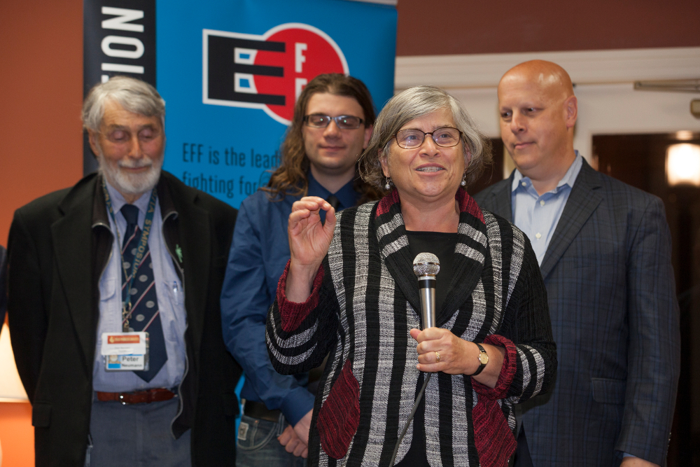 Susan Landau on behalf of "Keys Under Doormats" authors. Photo by Alex Schoenfeldt.