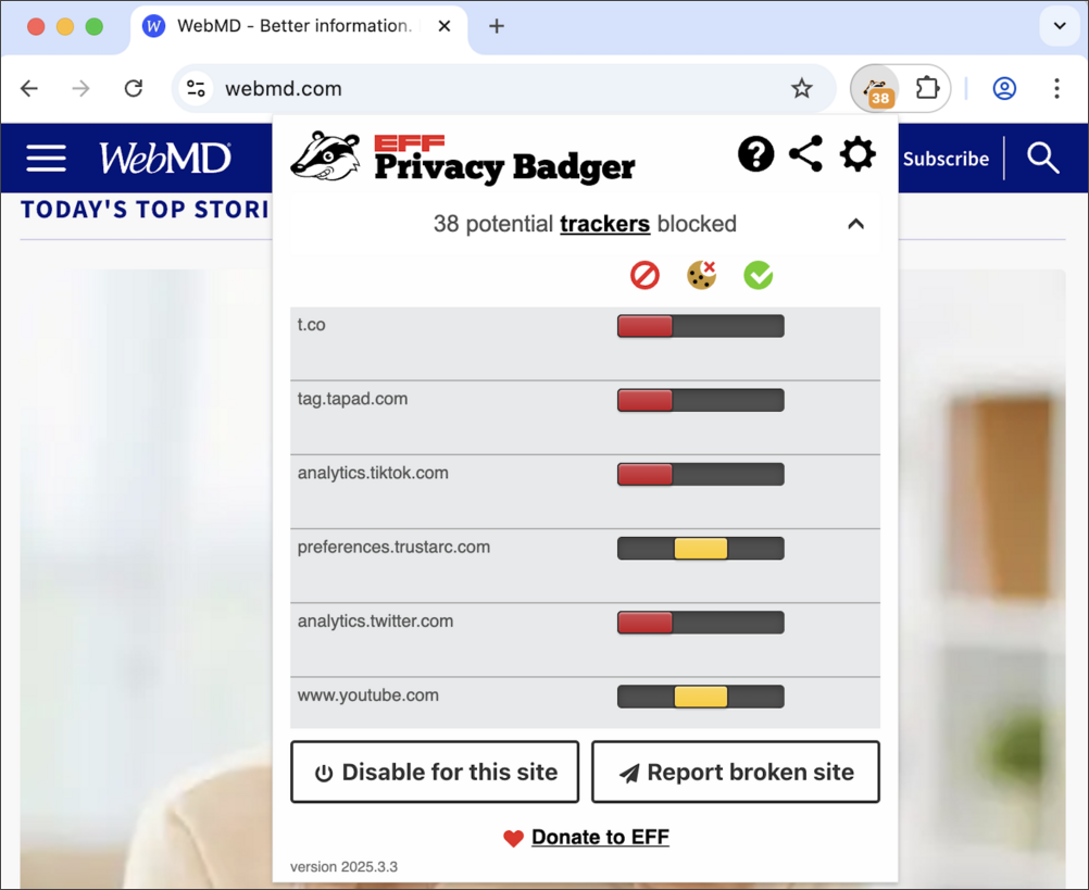 A screenshot of Privacy Badger's popup. The popup shows that Privacy Badger blocked 38 trackers on WebMD.