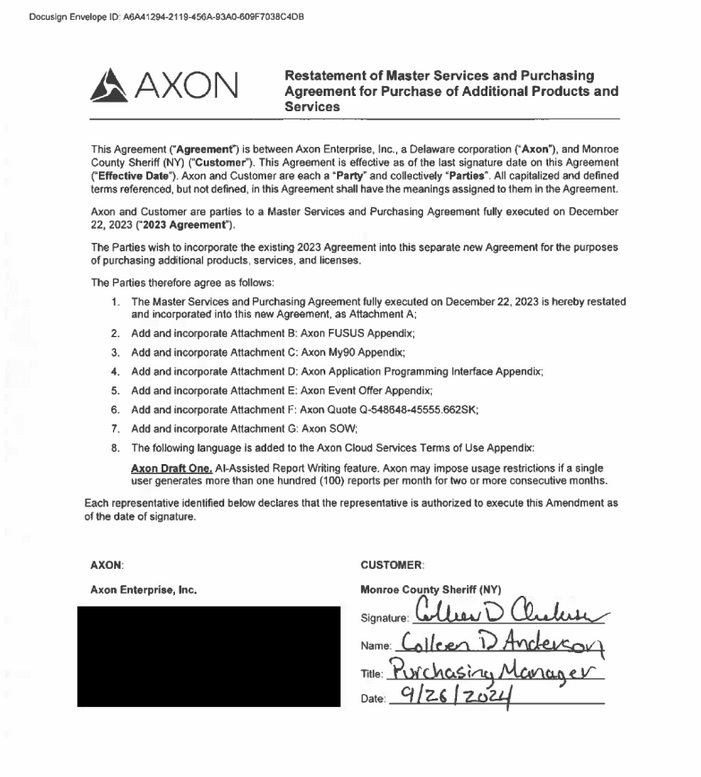 An Axon purchasing agreement indicating the agency is adding Draft One to its existing suite of services. 