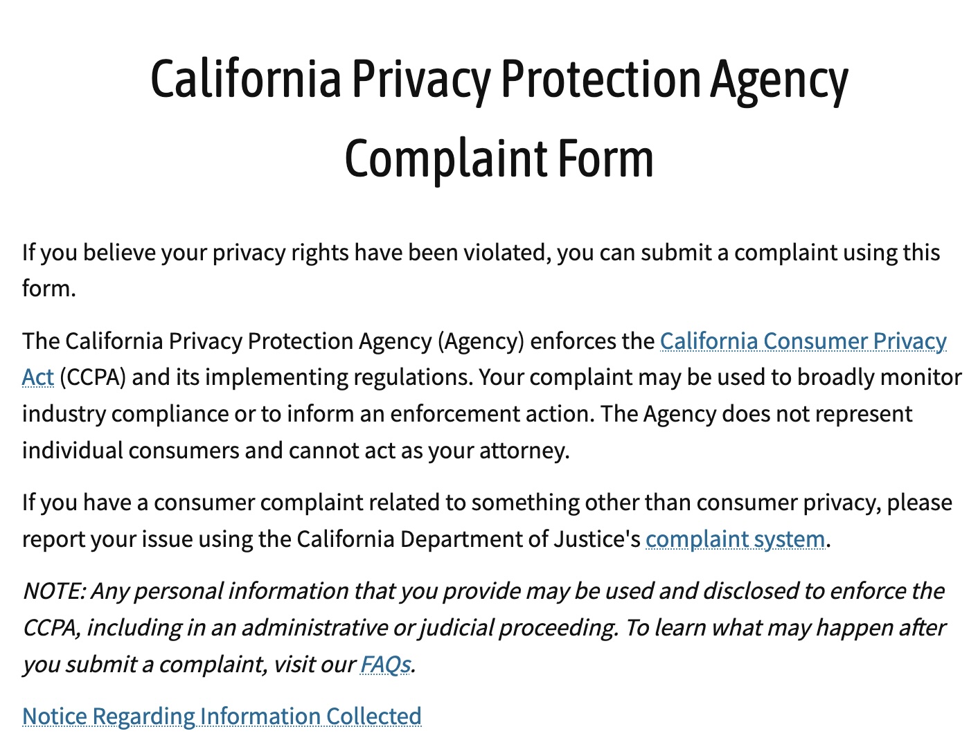 A screenshot of the CPPA's complaint page. It explains the agency's privacy policy.