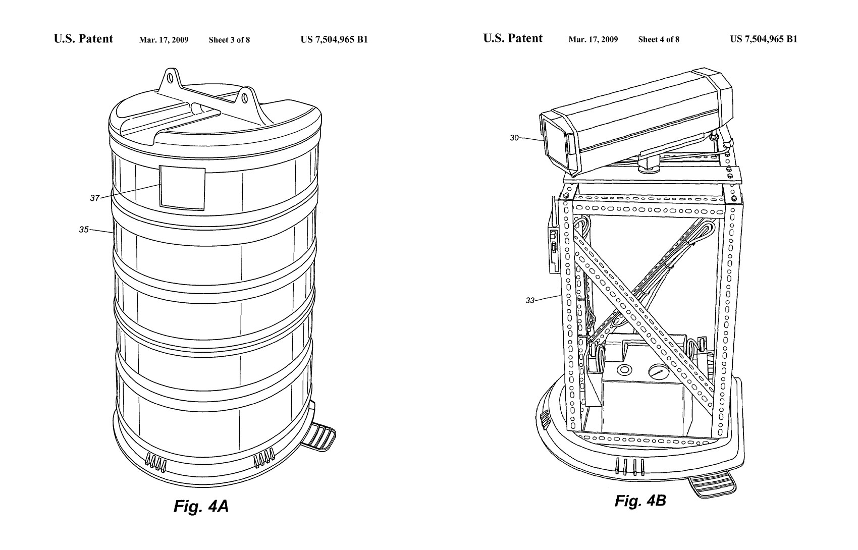 Patent drawings showing a traffic barrel and the camera inside it