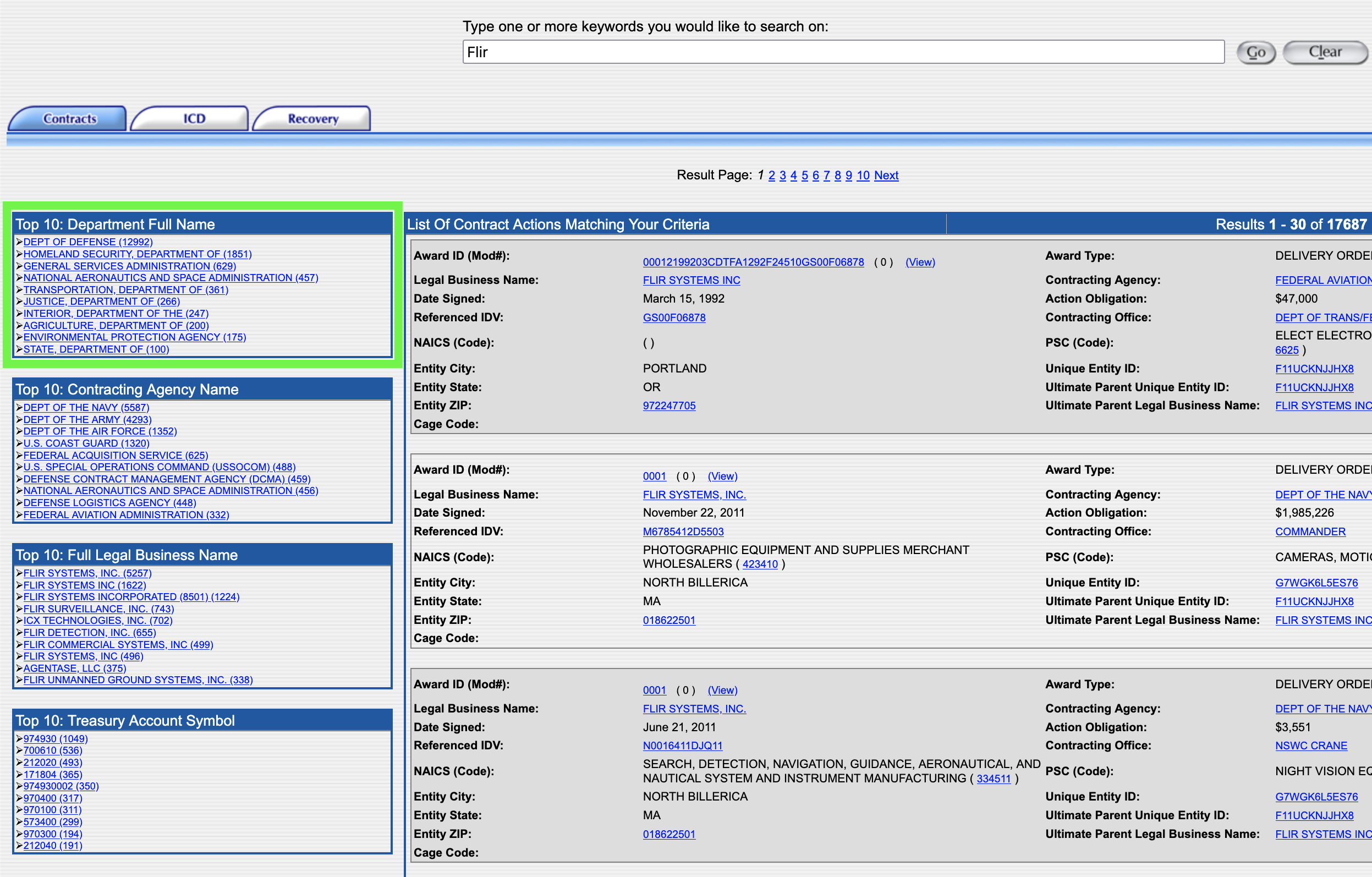 FDPS.gov results for FLIR with the agency full name sidebar highlighted. FDPS.gov results for FLIR with the agency full name sidebar highlighted.